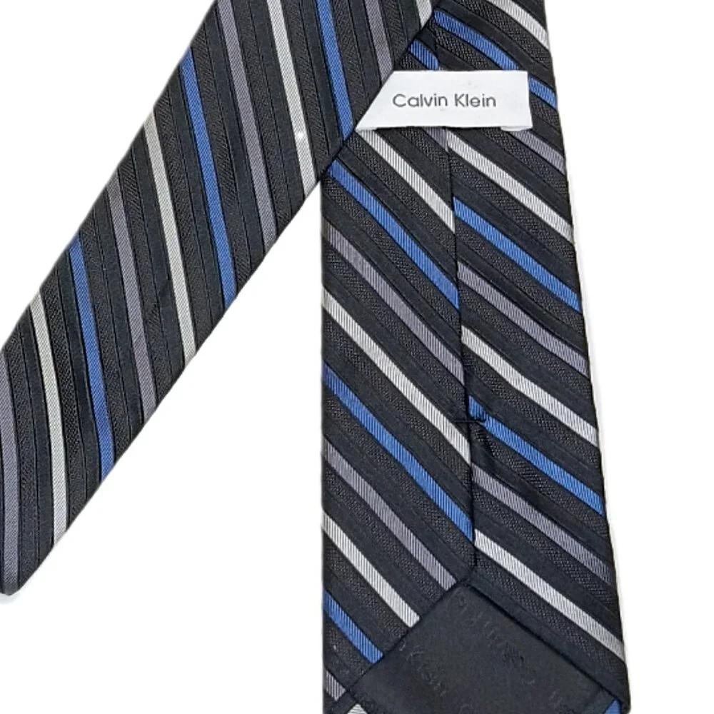 Calvin Klein Silk Repp Tie Boys 52.5” Black Stripe Preppy Varsity Classic New